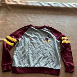 Size M Disney Mickey Mouse Men's Crewneck Sweater - Maroon, Gray, and Yellow.